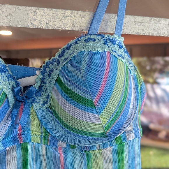Vintage Y2k Fairy Rampage Medium Slip Striped Bustier Blue Green Chemise - Picture 6 of 13